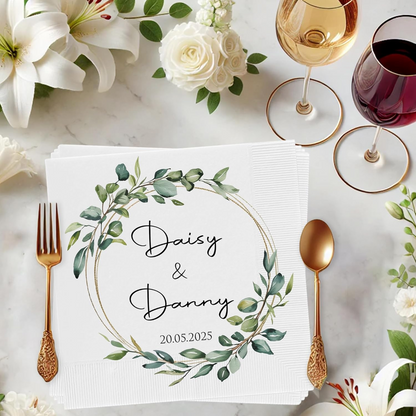 Custom Wedding Cocktail Napkins with Eucalyptus Wreath – Personalized Bride & Groom Decor