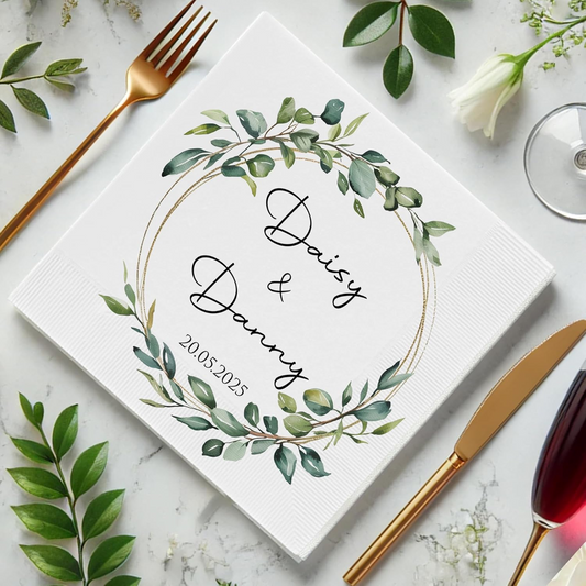 Custom Wedding Cocktail Napkins with Eucalyptus Wreath – Personalized Bride & Groom Decor