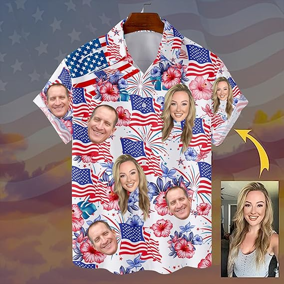 Custom Face Hawaiian Shirt for Men Women, Boy - 4th July Independence Day, US American Flag, Patriotic Gift