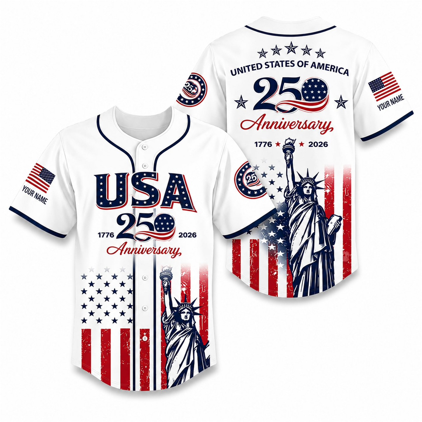 Custom Name 250th Anniversary Baseball Jersey Shirt, 250 Years of Freedom Button Down Jersey for Men Women Family
