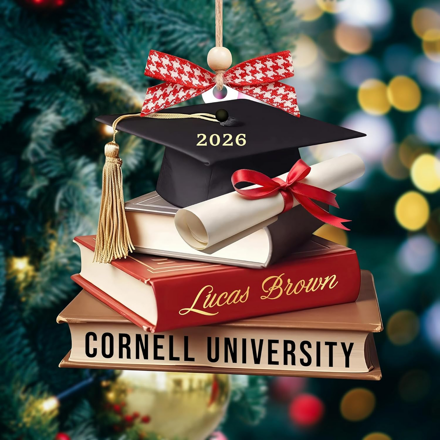 Personalized Graduation Ornament 2026 – Custom Name & University Cap and Books Christmas Decoration Ornament
