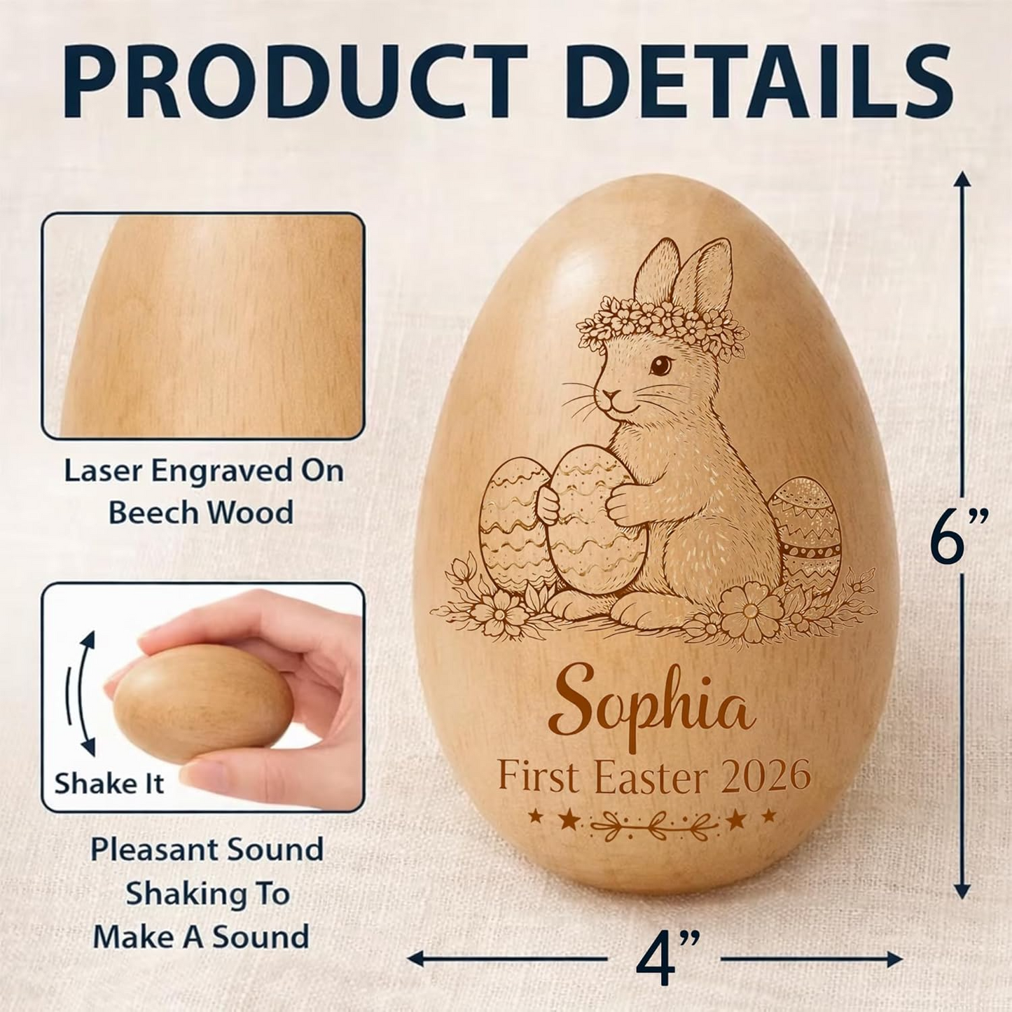 Personalized Wooden Easter Egg Shaker, Custom Wood Eggs, Kids Musical Eggs, Easter Basket Kids, Baby First Easters Holiday Table Décor