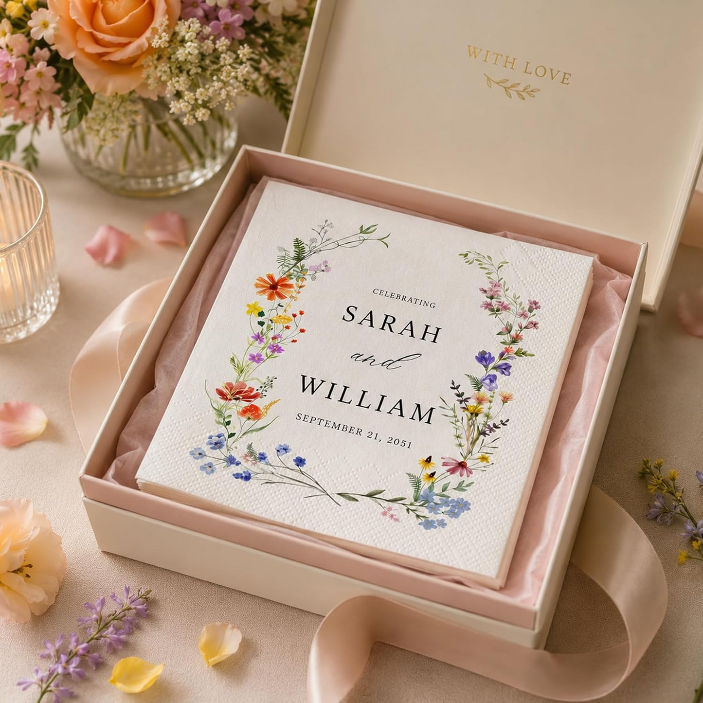 Personalized Floral Wedding Napkins – Custom Name Elegant Wildflower Bridal Reception Decor