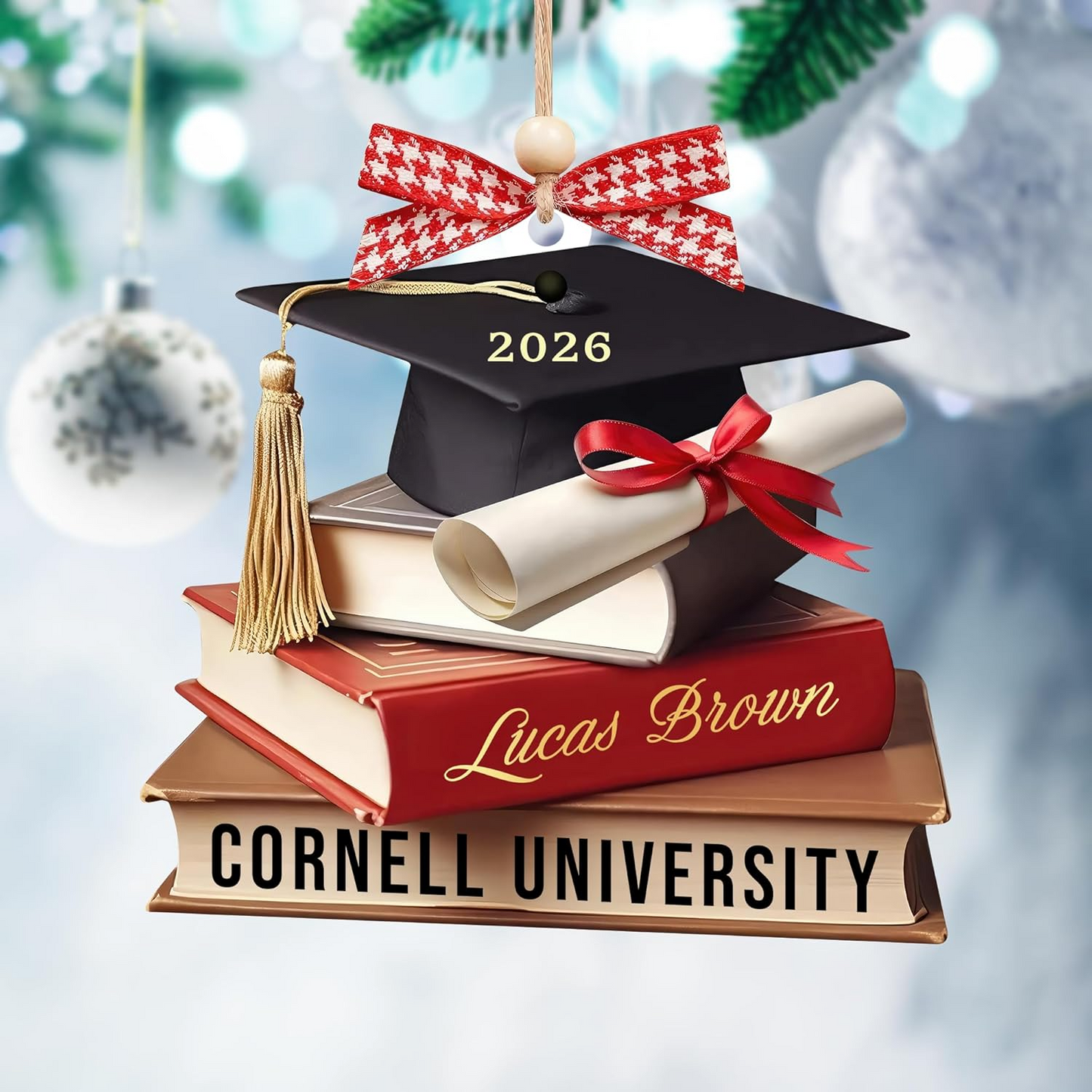 Personalized Graduation Ornament 2026 – Custom Name & University Cap and Books Christmas Decoration Ornament