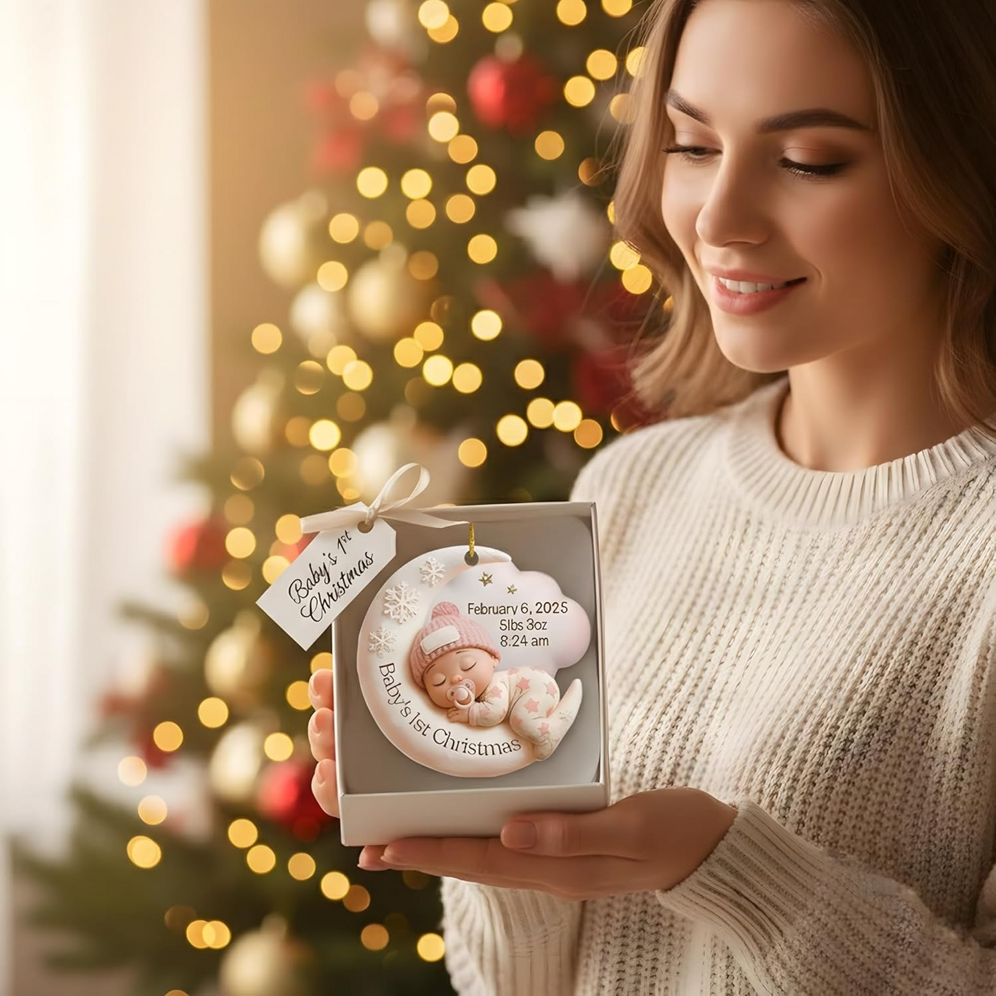 Personalized Baby’s First Christmas Ornament 2025 – Custom Name & Birth Stats Moon Design Keepsake Ornament