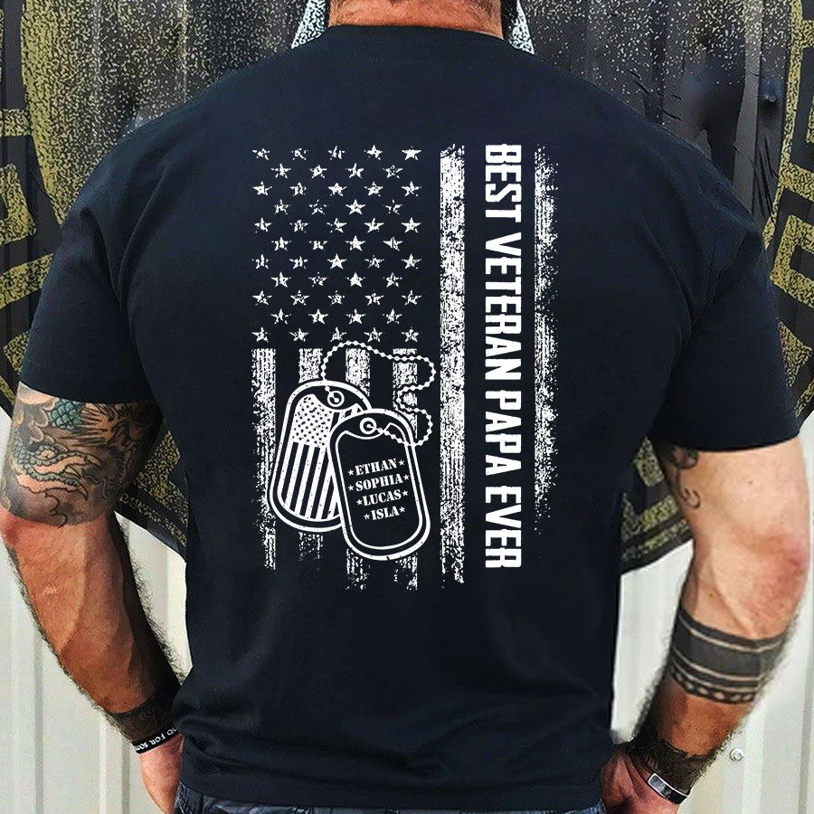 Best Veteran Papa Ever Shirt – Custom Tags with Kids' Names – Military Grandpa Gift