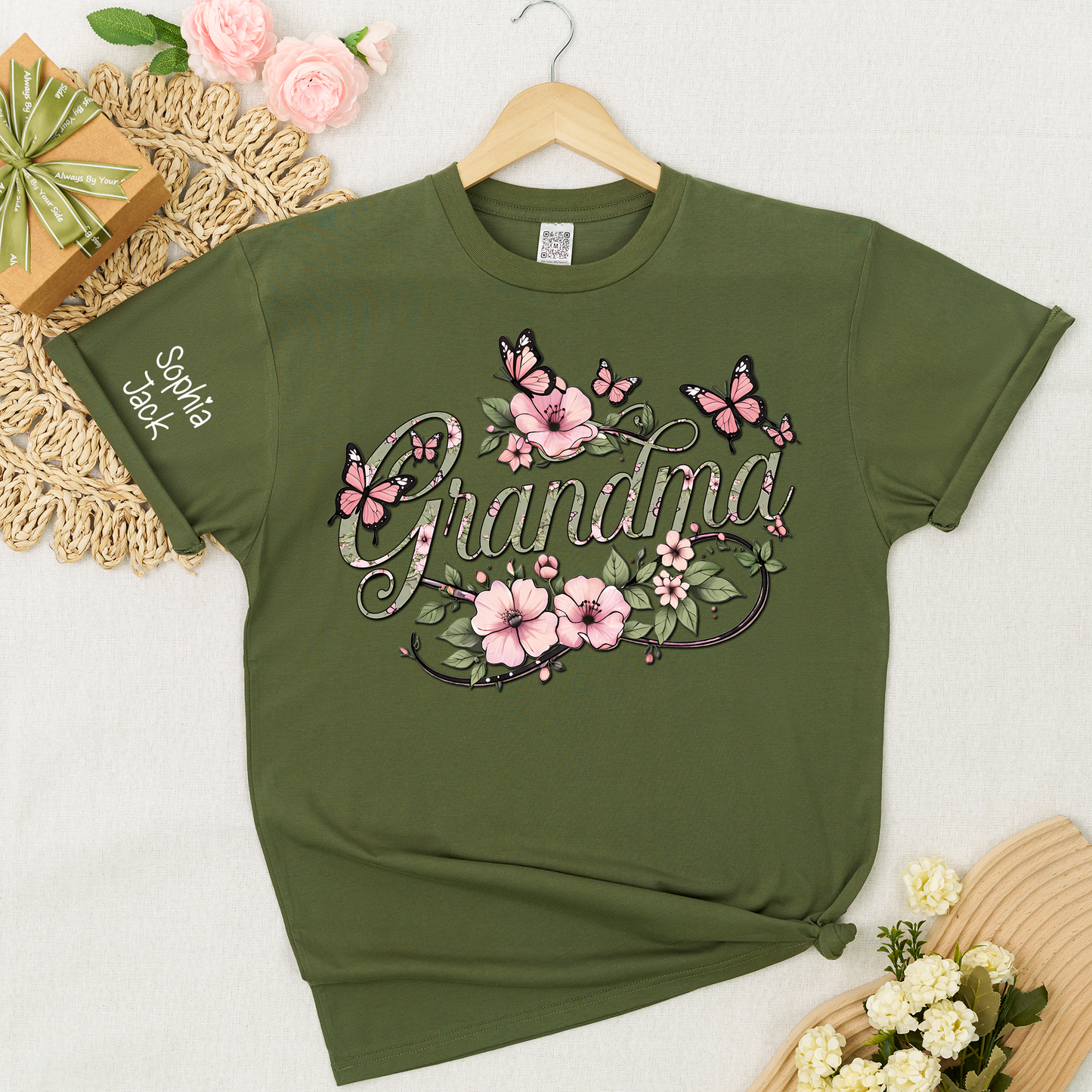 Personalized Floral Grandma Shirt with Custom Name - Custom Butterfly Floral T-shirt for Grandmother Gift