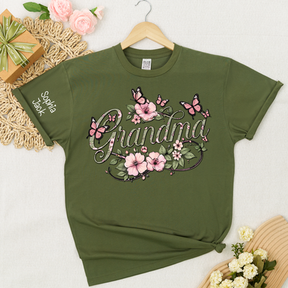 Personalized Floral Grandma Shirt with Custom Name - Custom Butterfly Floral T-shirt for Grandmother Gift