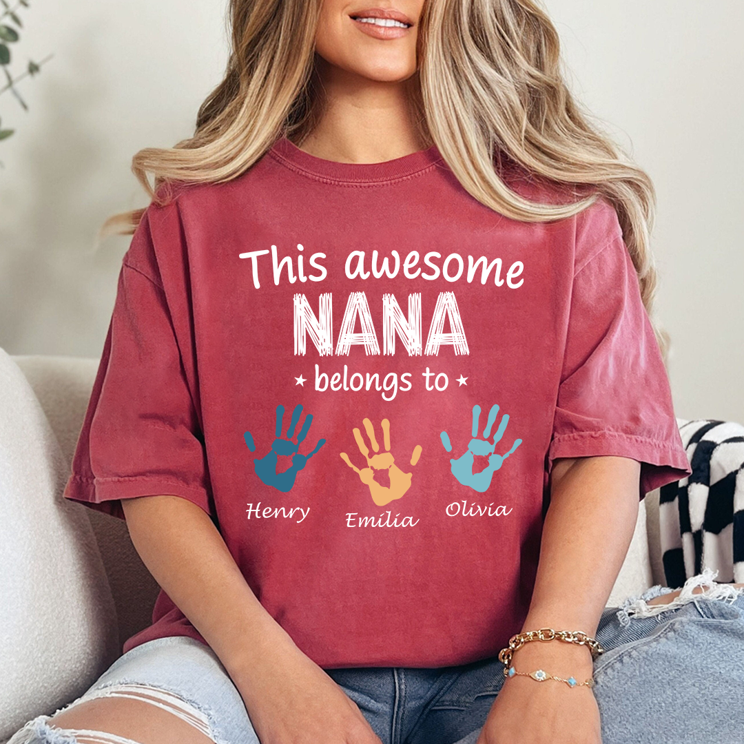 Personalized Nana Shirt with Kids Names & Handprints, Custom Grandma T Shirt, This Awesome Nana Belongs To, Gift for Nana from Grandkids, Family Matching Tee