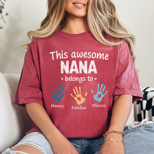 Personalized Nana Shirt with Kids Names & Handprints, Custom Grandma T Shirt, This Awesome Nana Belongs To, Gift for Nana from Grandkids, Family Matching Tee