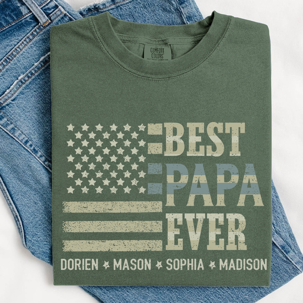 Best Papa Ever American Flag Shirt - Custom Comfort Colors Tee with Kids Names - Father's Day Gift