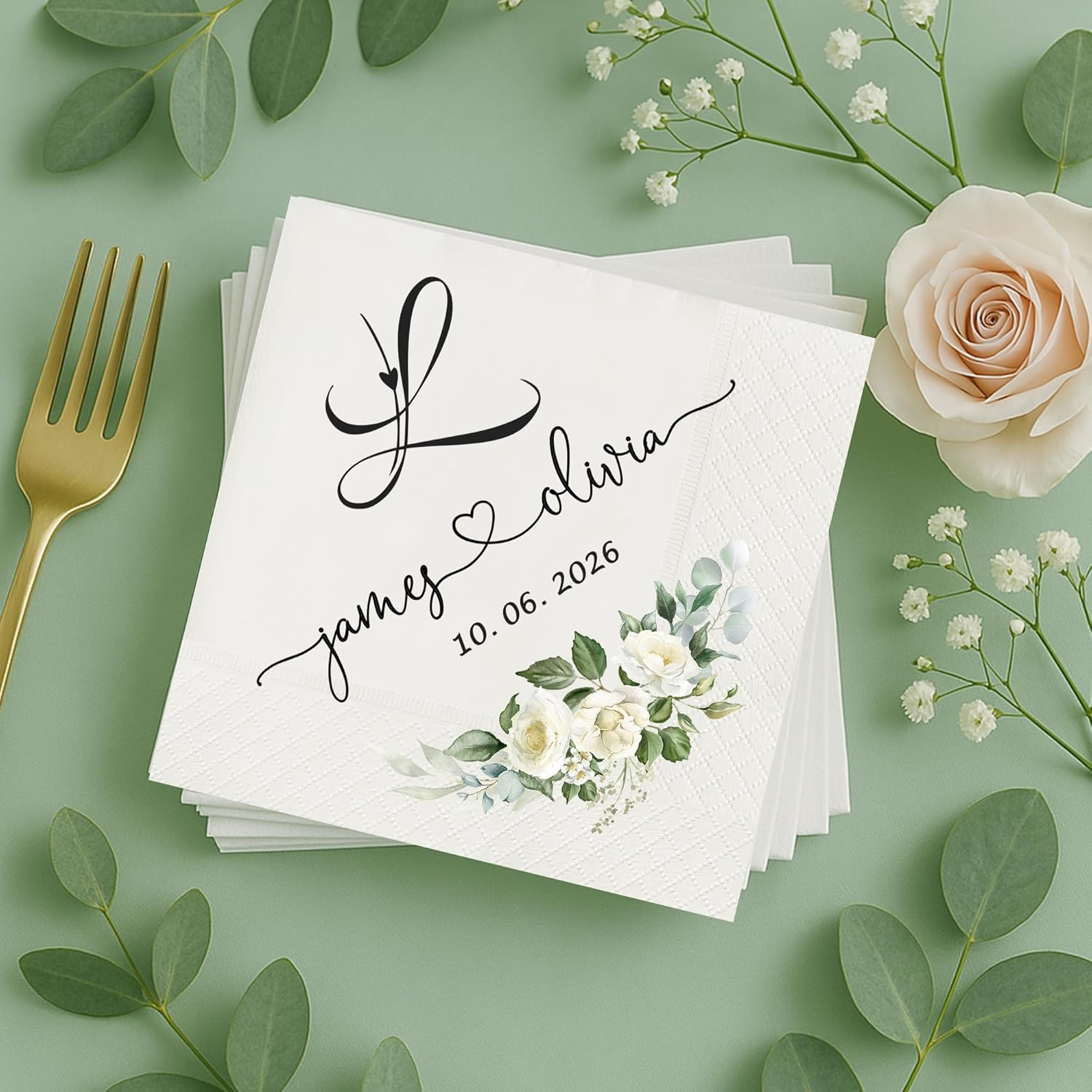 Personalized Wedding Napkins – Custom Name Floral Elegant Bride & Groom Table Decor