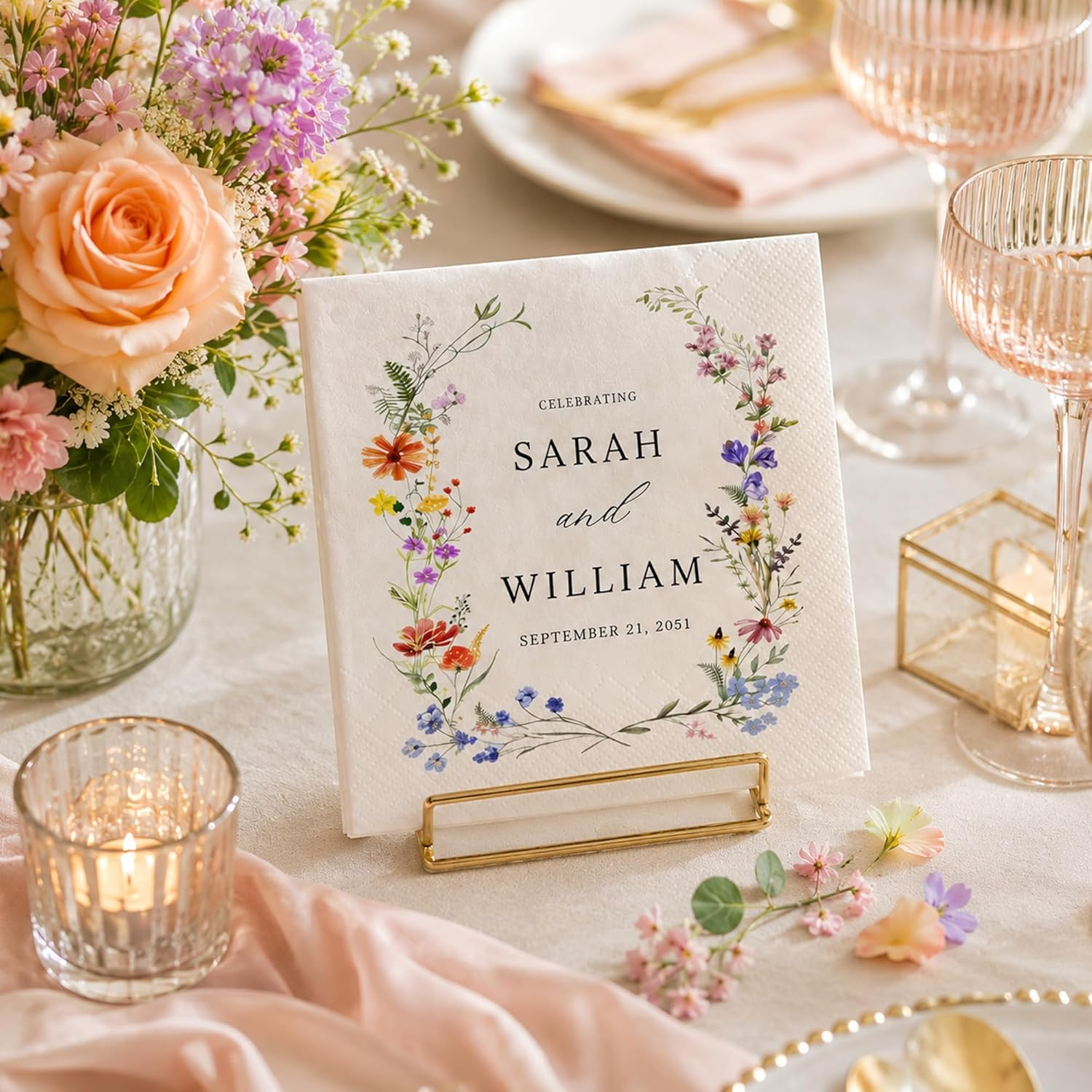 Personalized Floral Wedding Napkins – Custom Name Elegant Wildflower Bridal Reception Decor