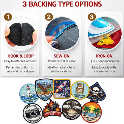 Customized Embroidered Logo & Image Patches – Iron-On/Sew-On Hook & Loop, Personalized Name & Text Patch