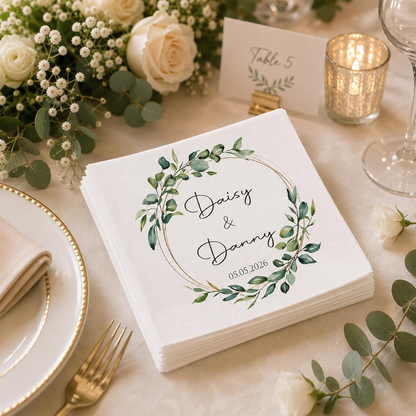 Custom Wedding Cocktail Napkins with Eucalyptus Wreath – Personalized Bride & Groom Decor