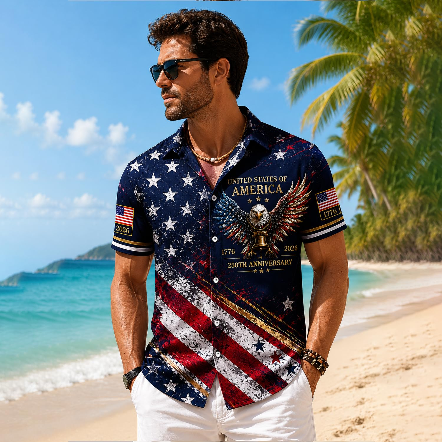 250 Anniversary USA Hawaiian Shirt 1776–2026, 4th of July Shirts, Patriotic Eagle Flag Button Down Shirts for Men