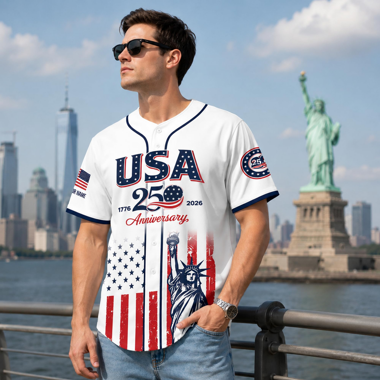 Custom Name 250th Anniversary Baseball Jersey Shirt, 250 Years of Freedom Button Down Jersey for Men Women Family