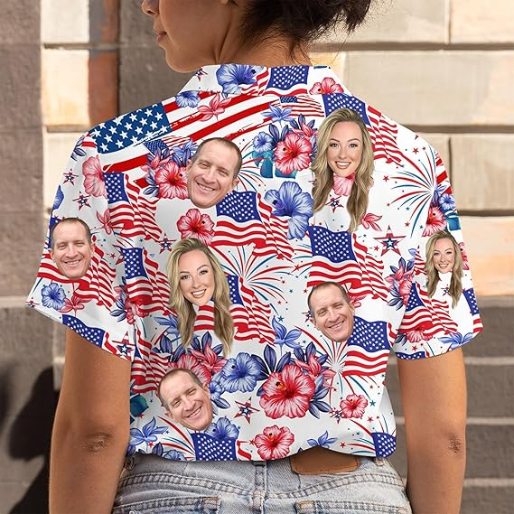 Custom Face Hawaiian Shirt for Men Women, Boy - 4th July Independence Day, US American Flag, Patriotic Gift