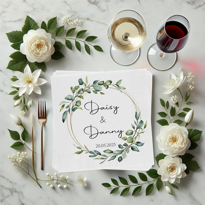 Custom Wedding Cocktail Napkins with Eucalyptus Wreath – Personalized Bride & Groom Decor