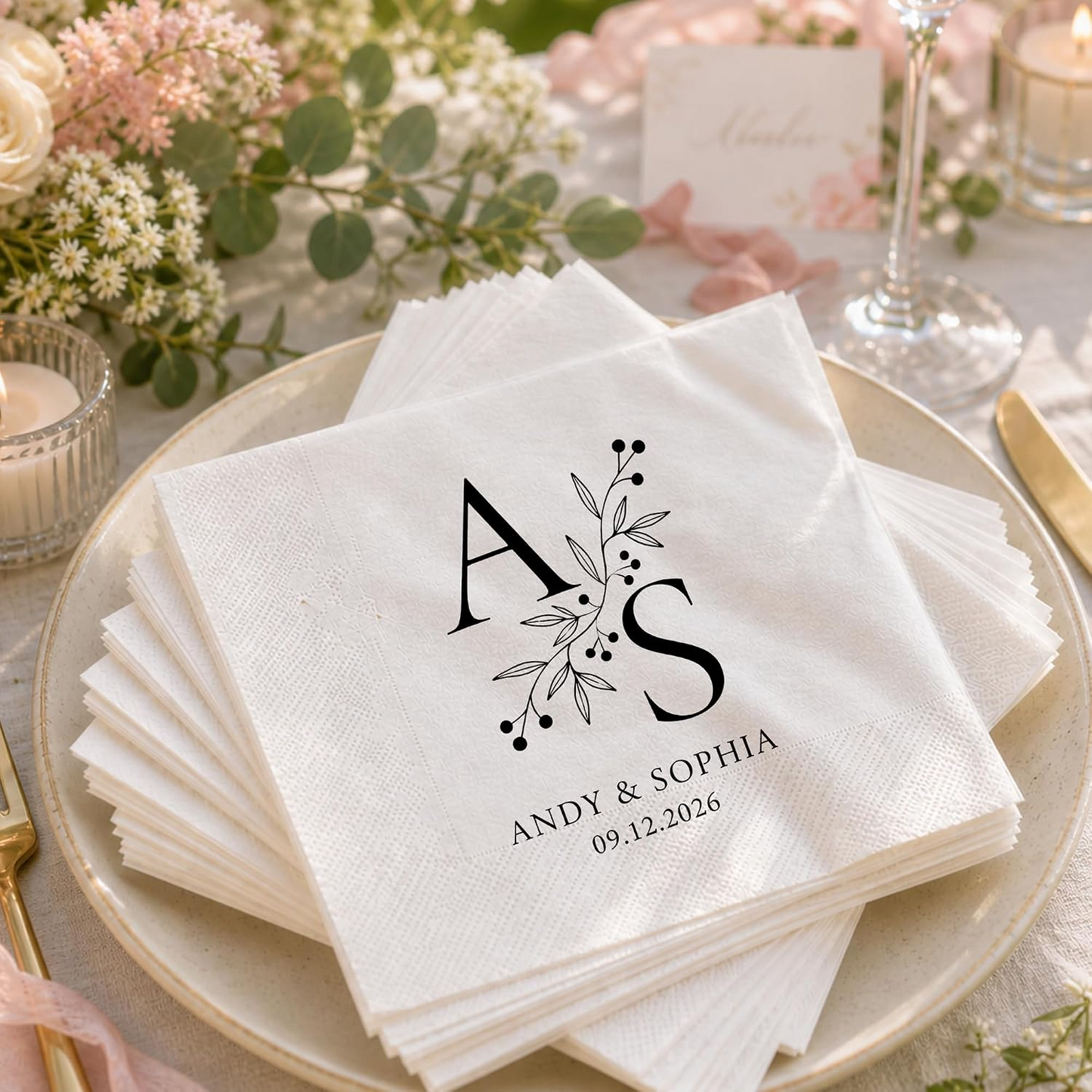 Personalized Monogram Wedding Napkins – Custom Initials Elegant Blue Floral Design
