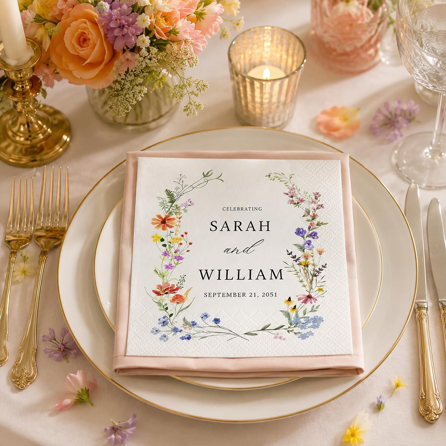 Personalized Floral Wedding Napkins – Custom Name Elegant Wildflower Bridal Reception Decor