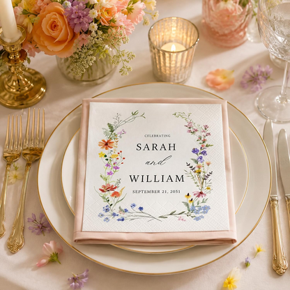 Personalized Floral Wedding Napkins – Custom Name Elegant Wildflower Bridal Reception Decor
