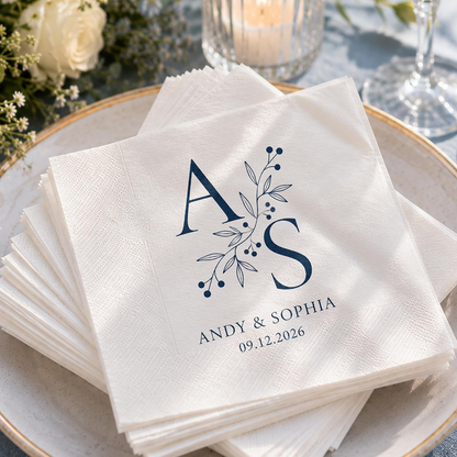 Personalized Monogram Wedding Napkins – Custom Initials Elegant Blue Floral Design