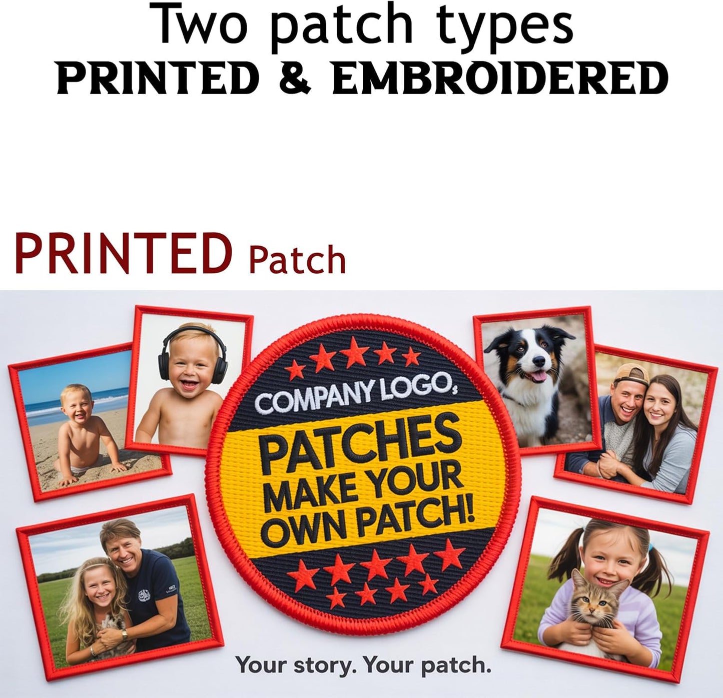 Custom Embroidered Patches – Personalized Logo, Image, or Text, Iron-On/Sew-On/Hook & Loop, 2"–11" for Clothing & Hats