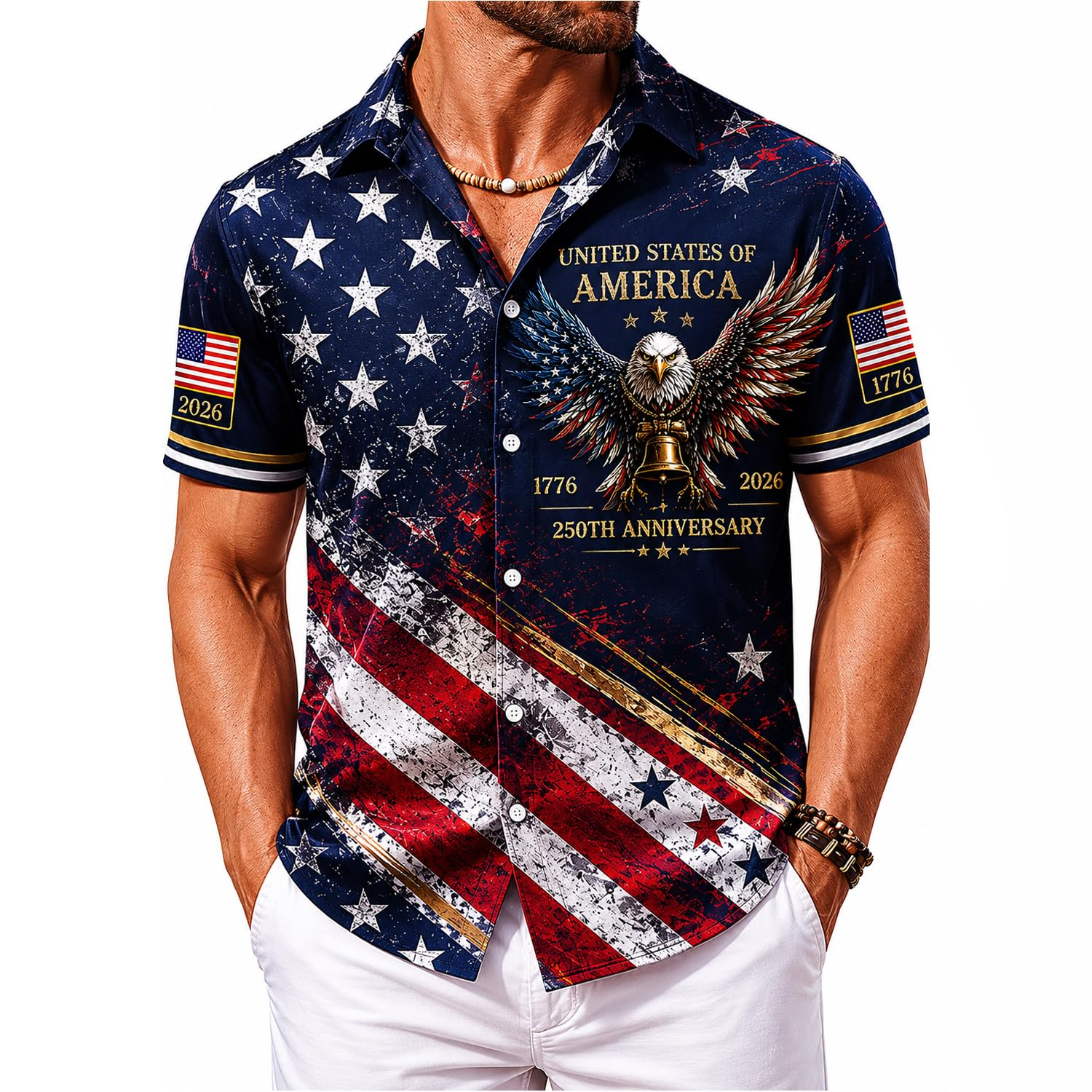250 Anniversary USA Hawaiian Shirt 1776–2026, 4th of July Shirts, Patriotic Eagle Flag Button Down Shirts for Men