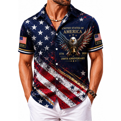 250 Anniversary USA Hawaiian Shirt 1776–2026, 4th of July Shirts, Patriotic Eagle Flag Button Down Shirts for Men