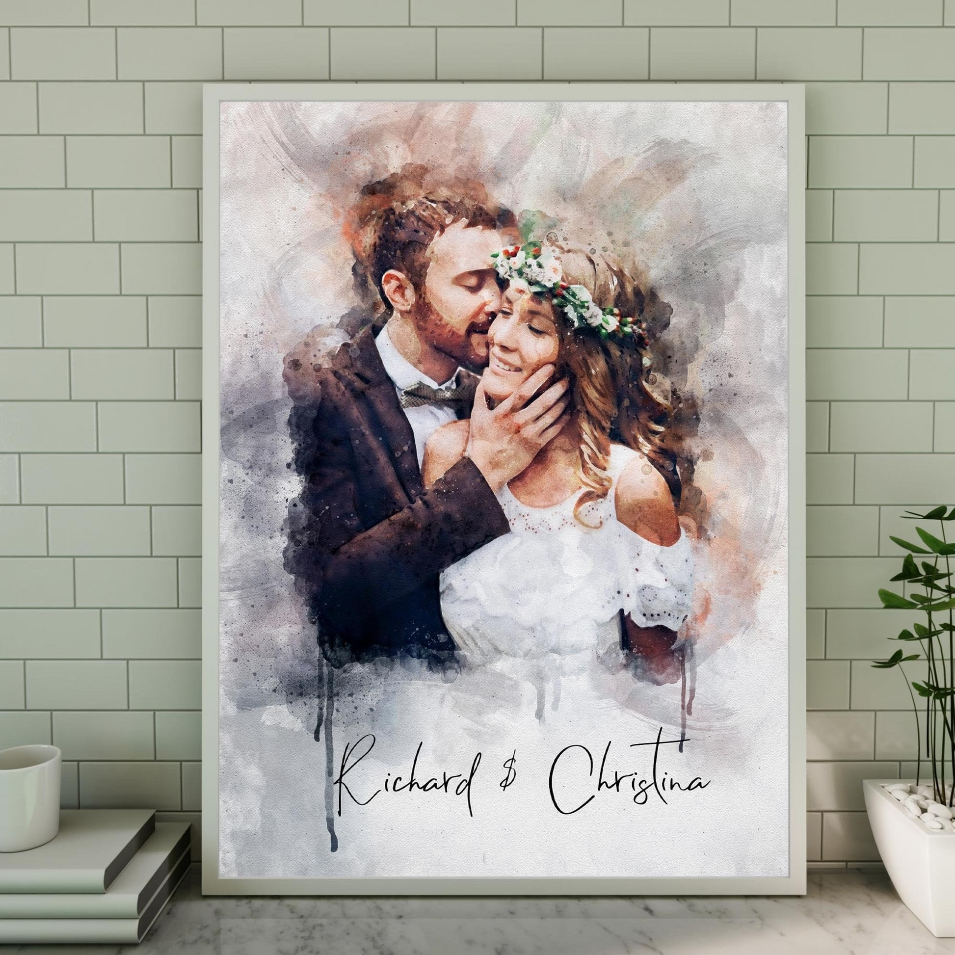 Custom Watercolor Couple Portrait Poster, Canvas Wall Art from Photo, Romantic Valentine Anniversary Gift