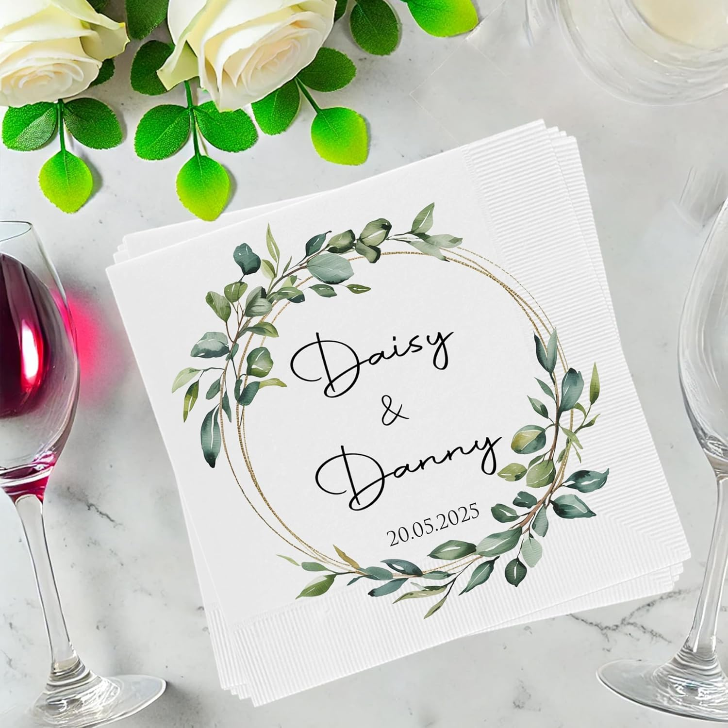 Custom Wedding Cocktail Napkins with Eucalyptus Wreath – Personalized Bride & Groom Decor