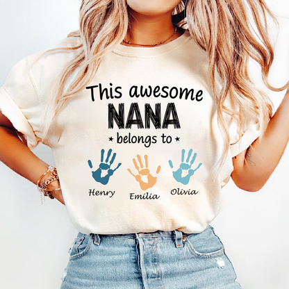 Personalized Nana Shirt with Kids Names & Handprints, Custom Grandma T Shirt, This Awesome Nana Belongs To, Gift for Nana from Grandkids, Family Matching Tee