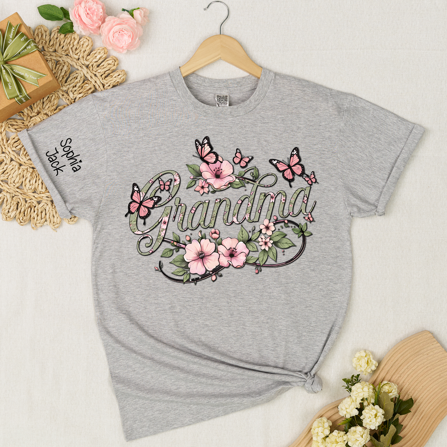 Personalized Floral Grandma Shirt with Custom Name - Custom Butterfly Floral T-shirt for Grandmother Gift