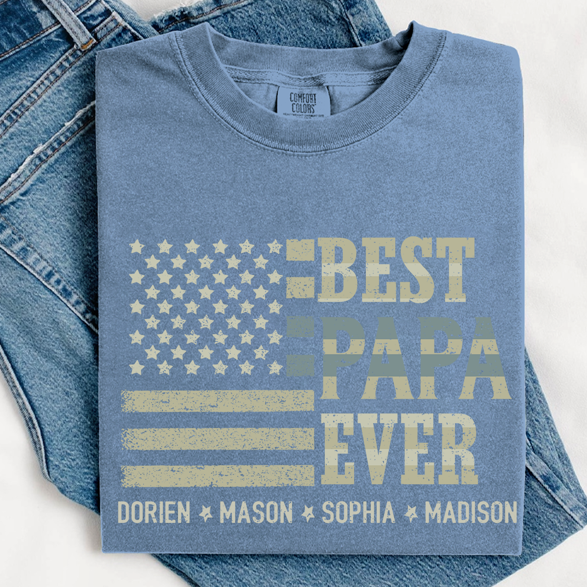 Best Papa Ever American Flag Shirt - Custom Comfort Colors Tee with Kids Names - Father's Day Gift