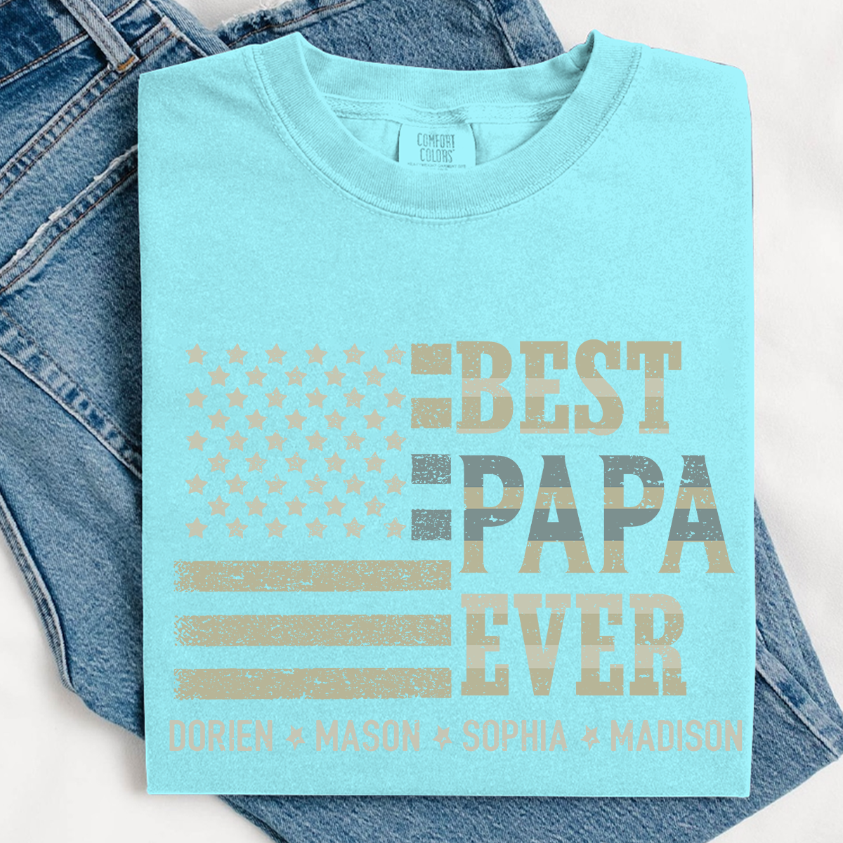 Best Papa Ever American Flag Shirt - Custom Comfort Colors Tee with Kids Names - Father's Day Gift