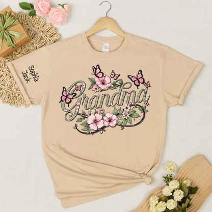 Personalized Floral Grandma Shirt with Custom Name - Custom Butterfly Floral T-shirt for Grandmother Gift