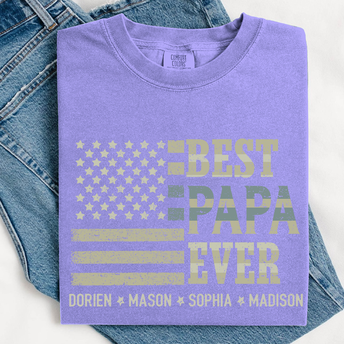 Best Papa Ever American Flag Shirt - Custom Comfort Colors Tee with Kids Names - Father's Day Gift