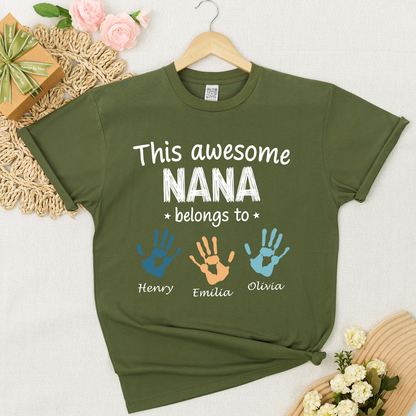 Personalized Nana Shirt with Kids Names & Handprints, Custom Grandma T Shirt, This Awesome Nana Belongs To, Gift for Nana from Grandkids, Family Matching Tee