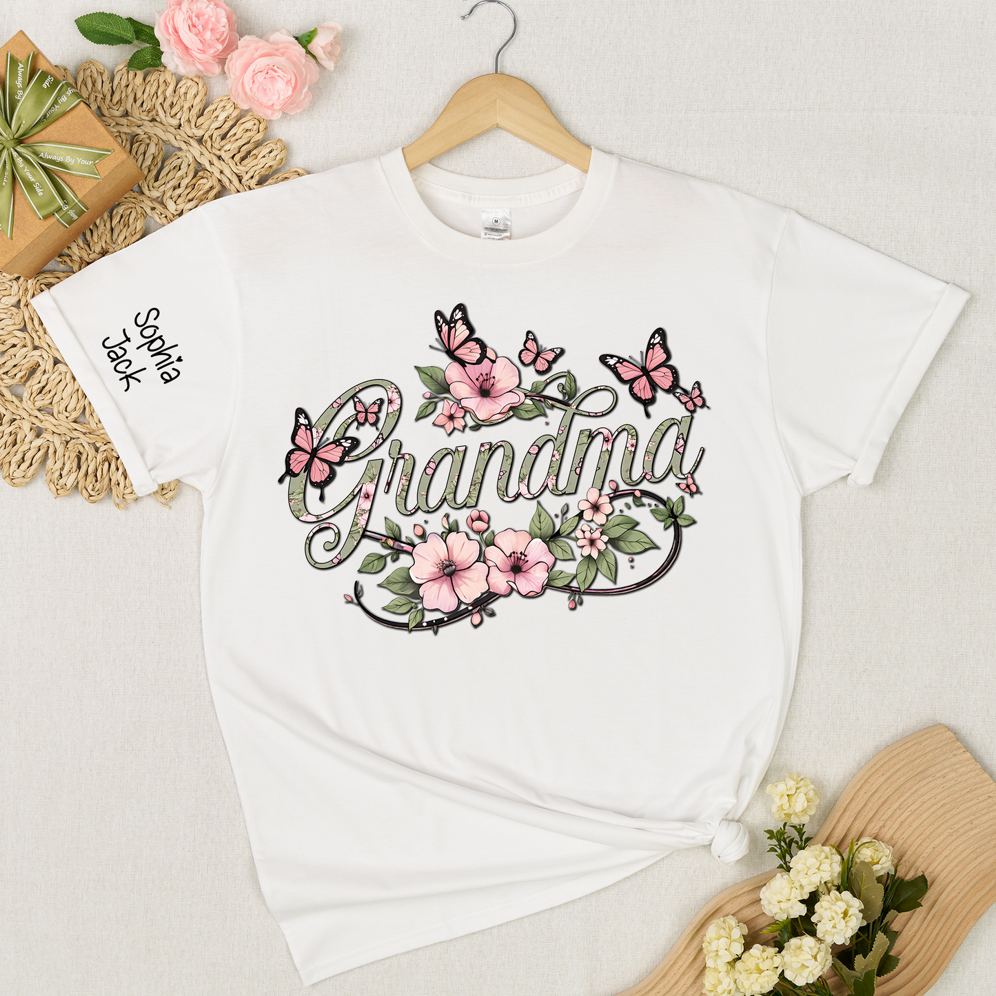 Personalized Floral Grandma Shirt with Custom Name - Custom Butterfly Floral T-shirt for Grandmother Gift