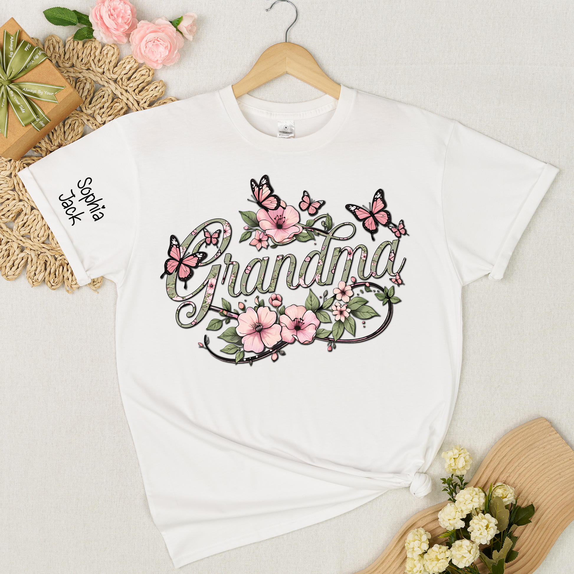 Personalized Floral Grandma Shirt with Custom Name - Custom Butterfly Floral T-shirt for Grandmother Gift