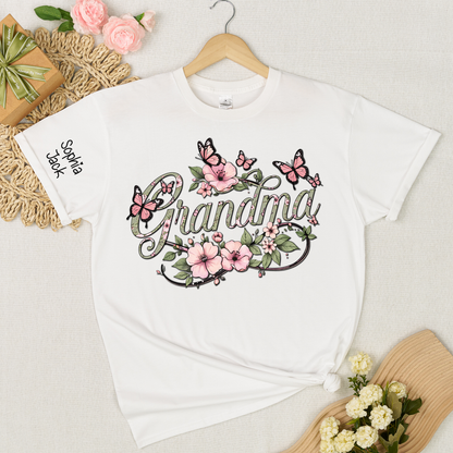 Personalized Floral Grandma Shirt with Custom Name - Custom Butterfly Floral T-shirt for Grandmother Gift