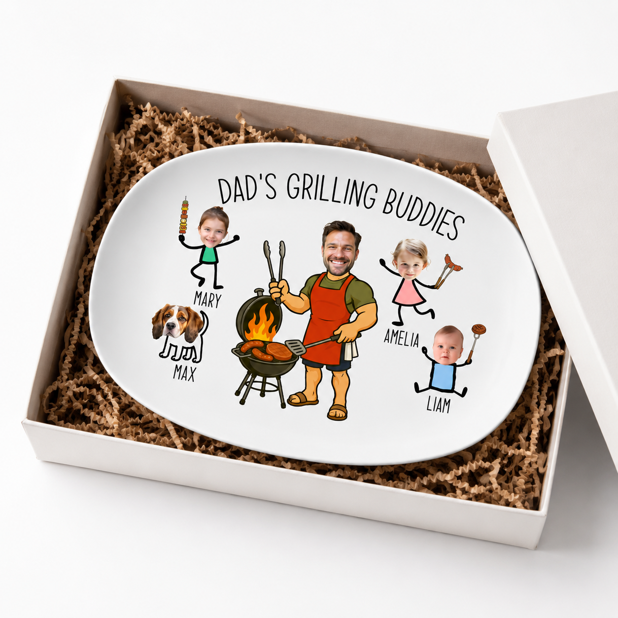Personalized Dad's Grilling Buddies Plate – Custom with Family Names and Fun Illustrations, Ideal Gift for Father's Day Grilling Plate