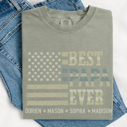 Best Papa Ever American Flag Shirt - Custom Comfort Colors Tee with Kids Names - Father's Day Gift