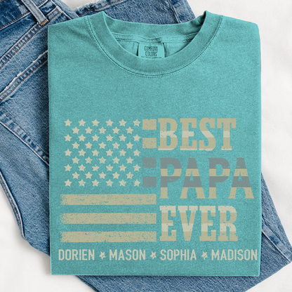 Best Papa Ever American Flag Shirt - Custom Comfort Colors Tee with Kids Names - Father's Day Gift