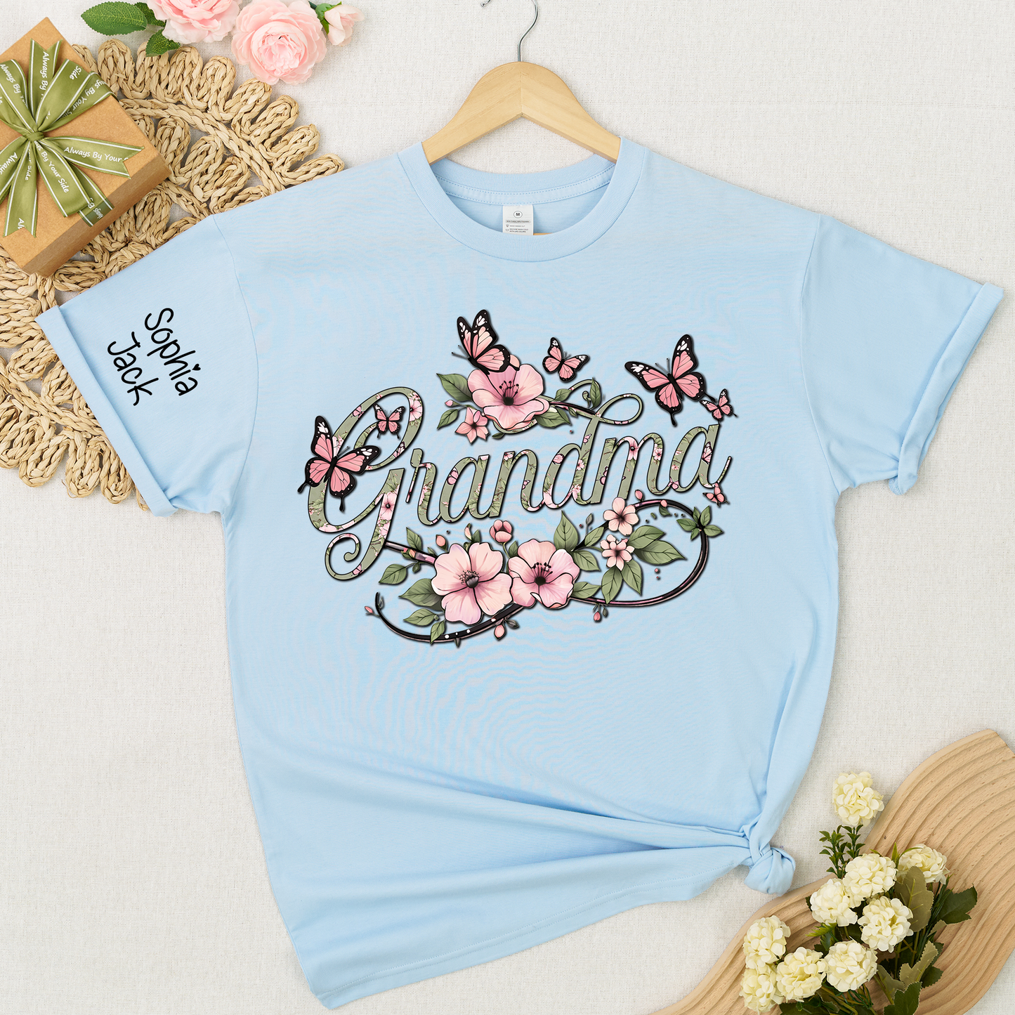 Personalized Floral Grandma Shirt with Custom Name - Custom Butterfly Floral T-shirt for Grandmother Gift