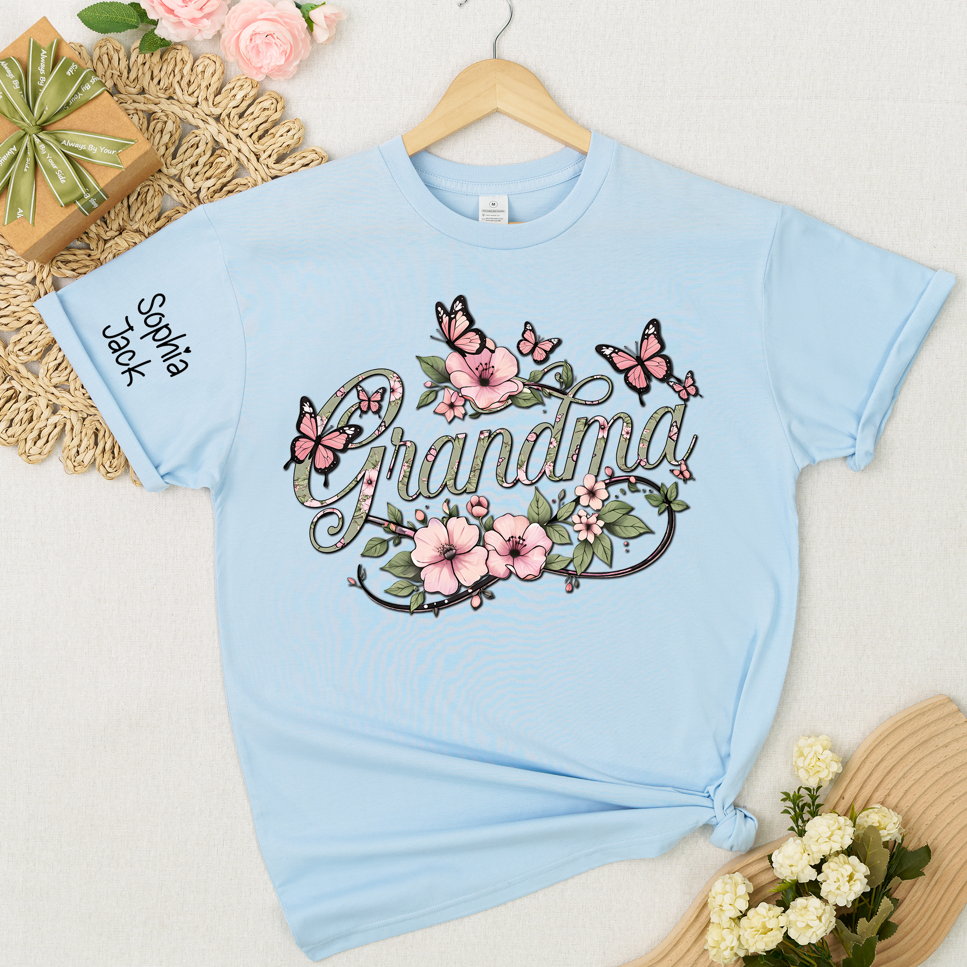 Personalized Floral Grandma Shirt with Custom Name - Custom Butterfly Floral T-shirt for Grandmother Gift