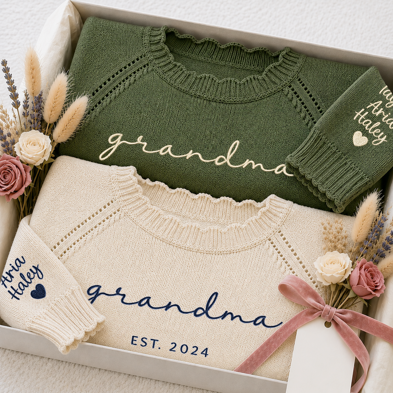 Custom Embroidered Grandma Knit Sweater – Personalized EST. 2026 Crewneck with Sleeve Names