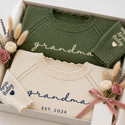 Custom Embroidered Grandma Knit Sweater – Personalized EST. 2026 Crewneck with Sleeve Names