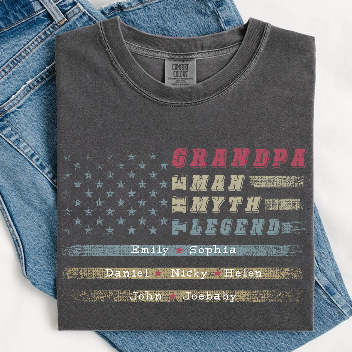 Grandpa The Man The Myth The Legend Shirt - Custom Comfort Colors Tee with Grandkids Names - Father's Day Gift